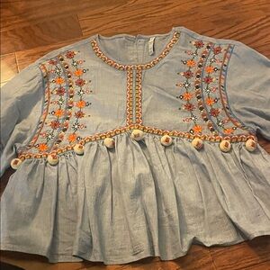 Zara Light Blue Embroidered Blouse